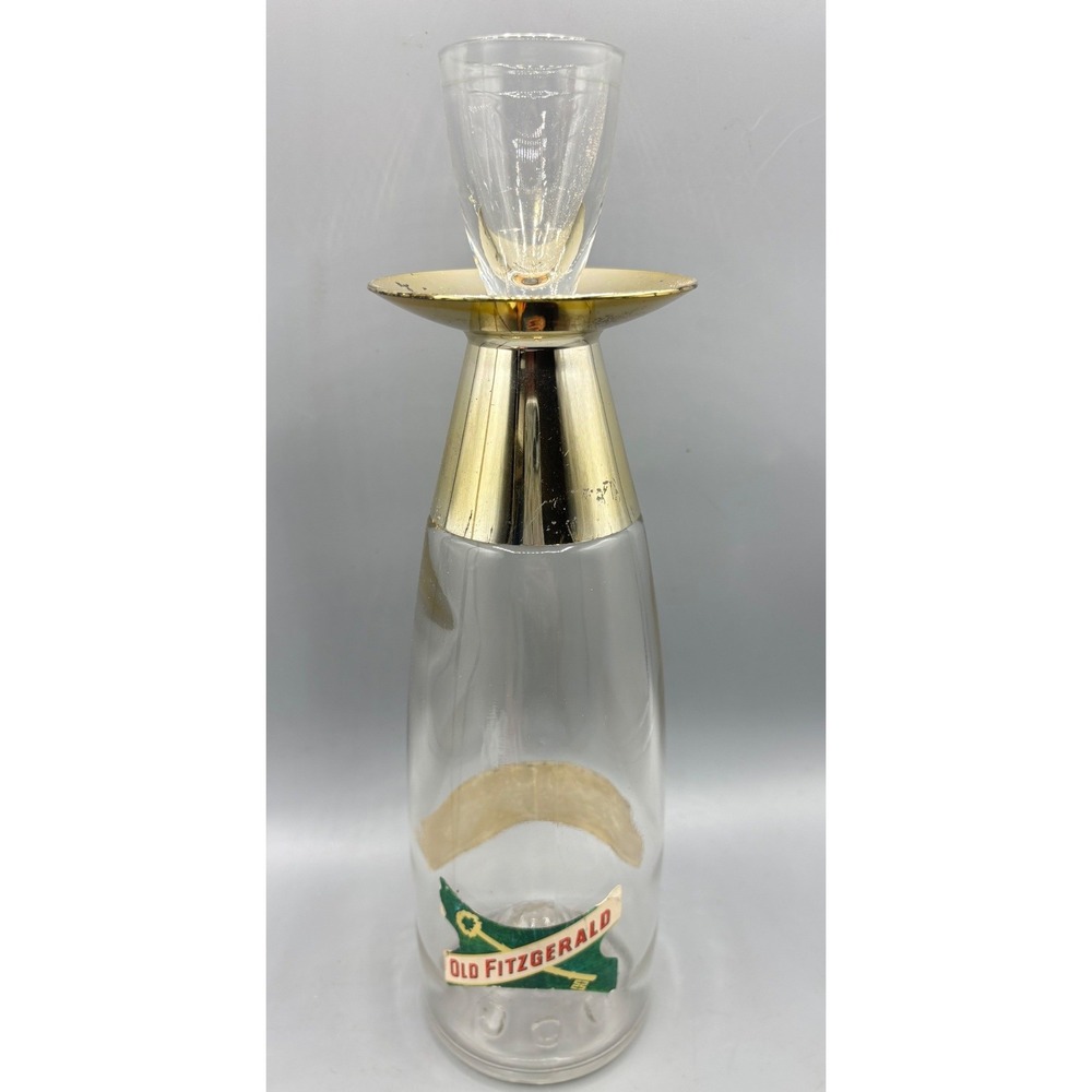 Vtg Old Fitzgerald Whiskey Decanter Mid Century Gold Shot‎ Glass Stopper 12.5in